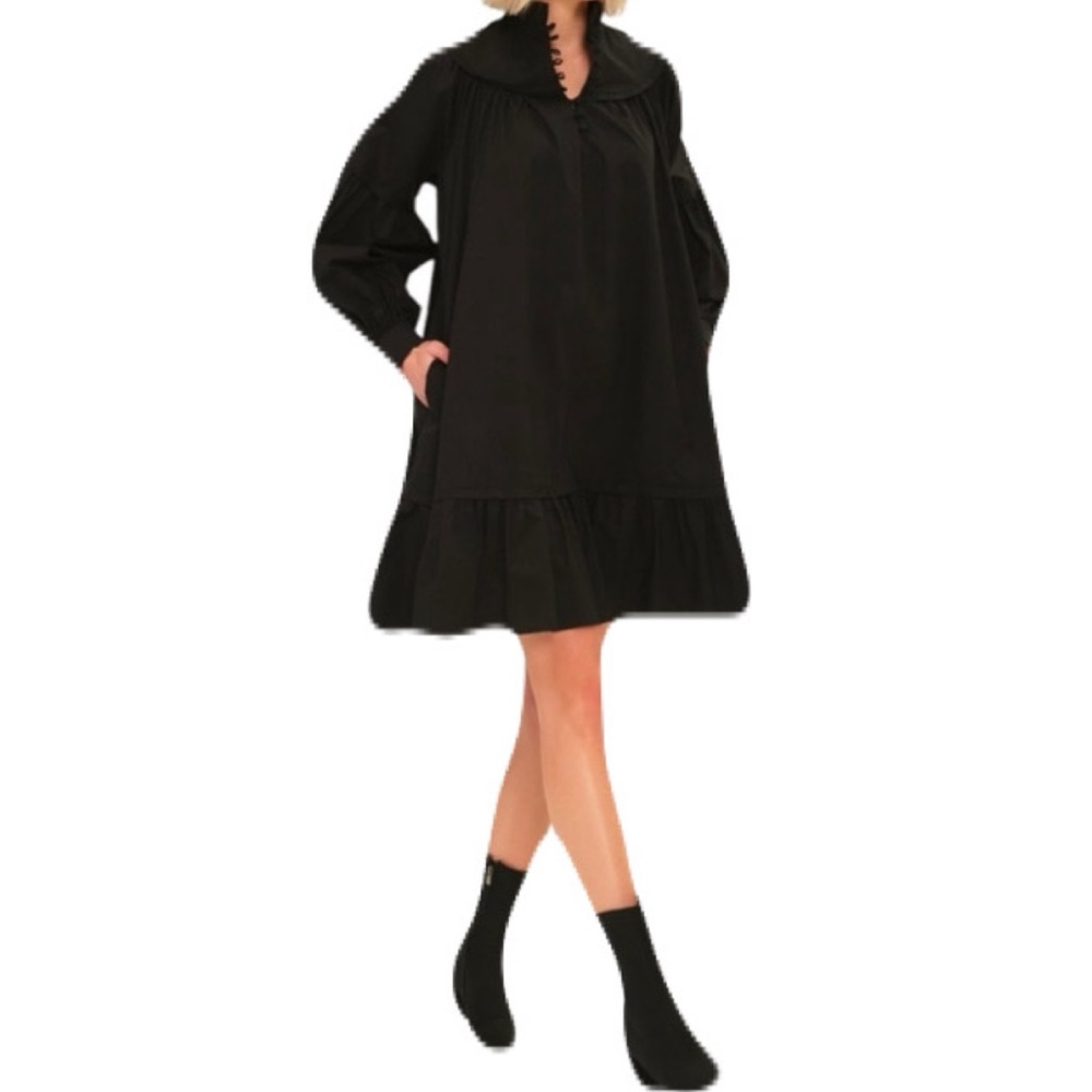 NWT Harshman XS Black High Button Neck Long Sleeve Cotton Fiona Mini Dress